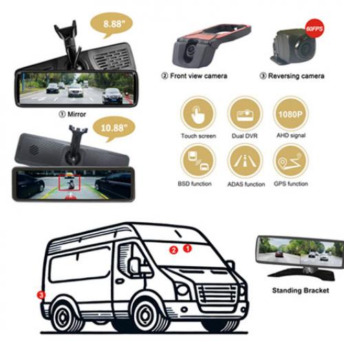 Smart Rearview Mirror Monitor Camera Solution for Cargo with Front ADAS & Rear BSD
